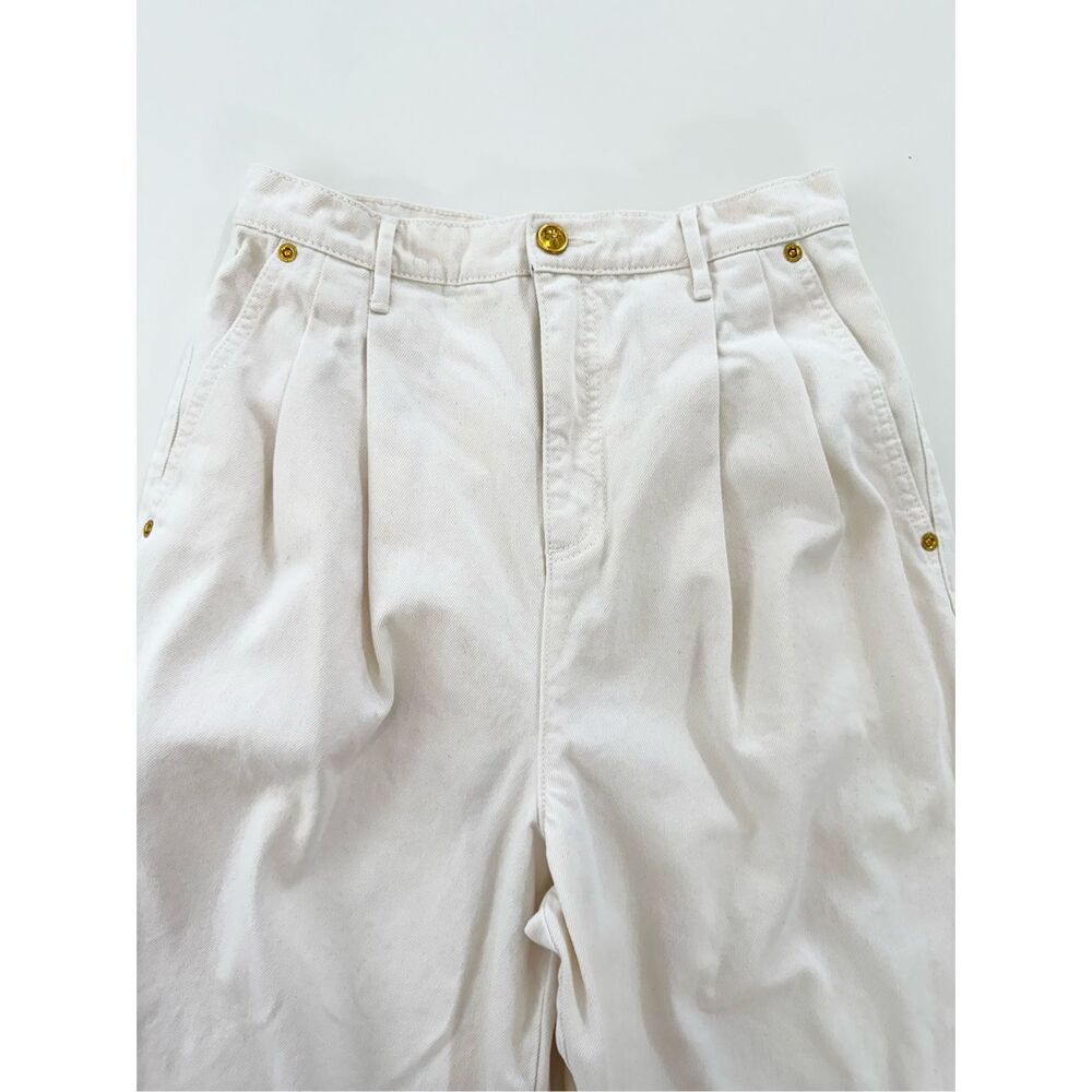 Tory Burch Denim Trouser Barrel Jean Natural Chalk Wash Pleated Crop Pants 2 - Picture 2 of 6